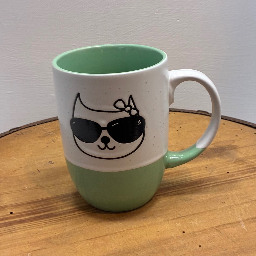 Boston Warehouse Leaf Bean Cat Sunglasses Mug Green White‎ Speckled Coffee Cup
